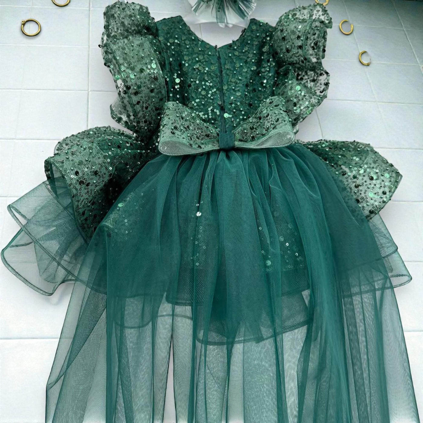 Emerald Green Sequin Baby Dress – Luxury Handmade Birthday Gown – Elegant Toddler Outfit – detail shot