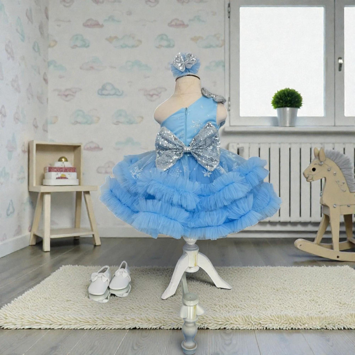 Blue Tulle Baby Dress with Bow – Handmade Luxury Birthday Outfit – Toddler Princess Gown for birthdays