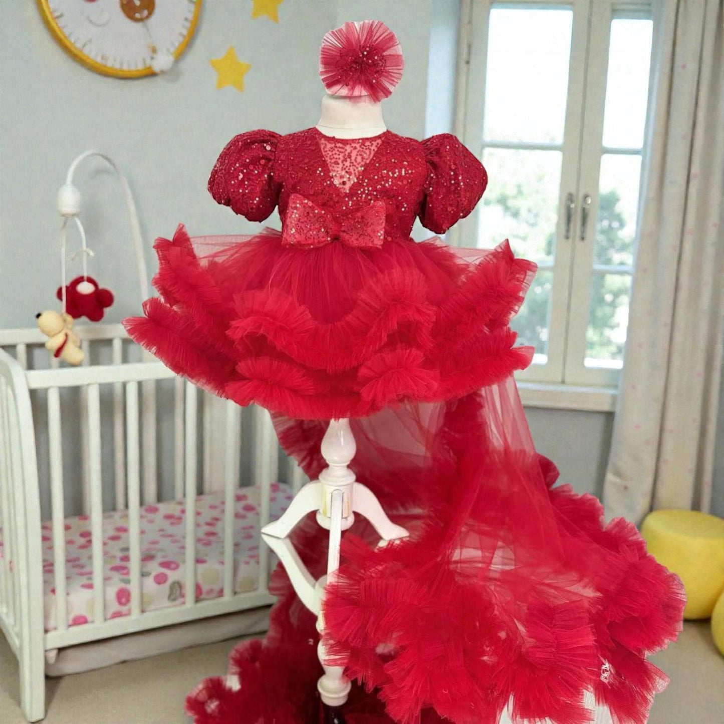 Red Mermaid Toddler Dress – Dramatic Handmade Birthday Gown – Luxury Girl Party Outfit