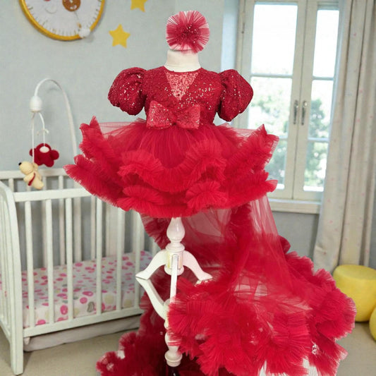 Red Mermaid Toddler Dress – Dramatic Handmade Birthday Gown – Luxury Girl Party Outfit