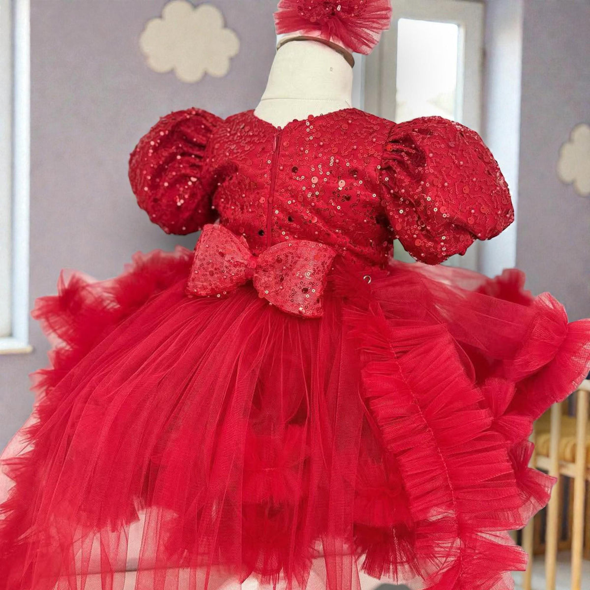 Red Mermaid Toddler Dress – Dramatic Handmade Birthday Gown – Luxury Girl Party Outfit – detail shot