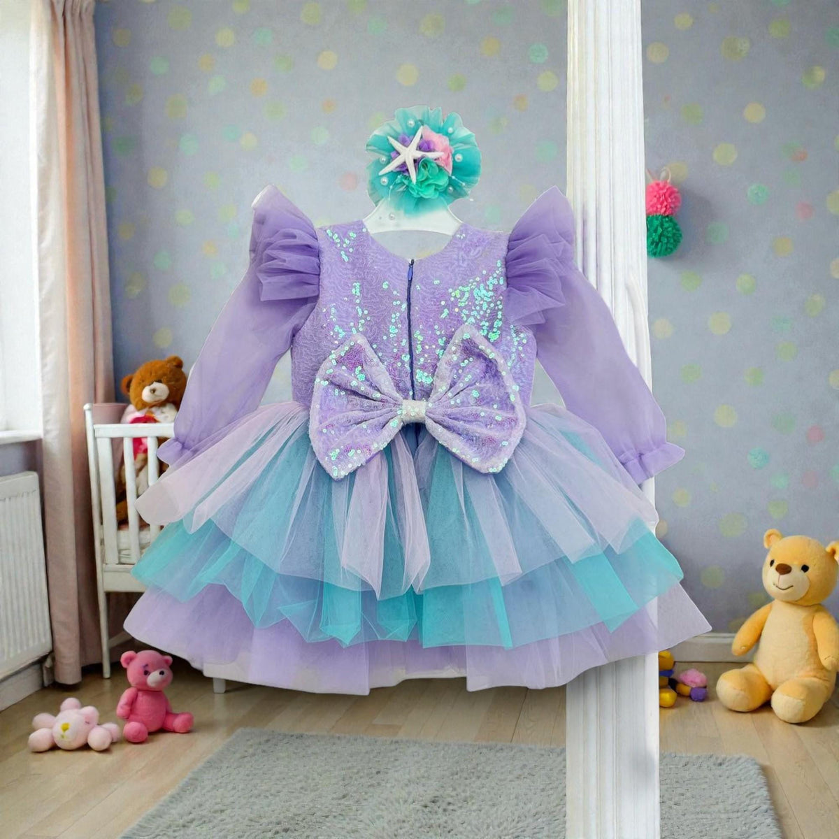 Purple Turquoise Mermaid Baby Dress – Handmade Tulle Birthday Outfit – Luxury Party Dress – detail shot
