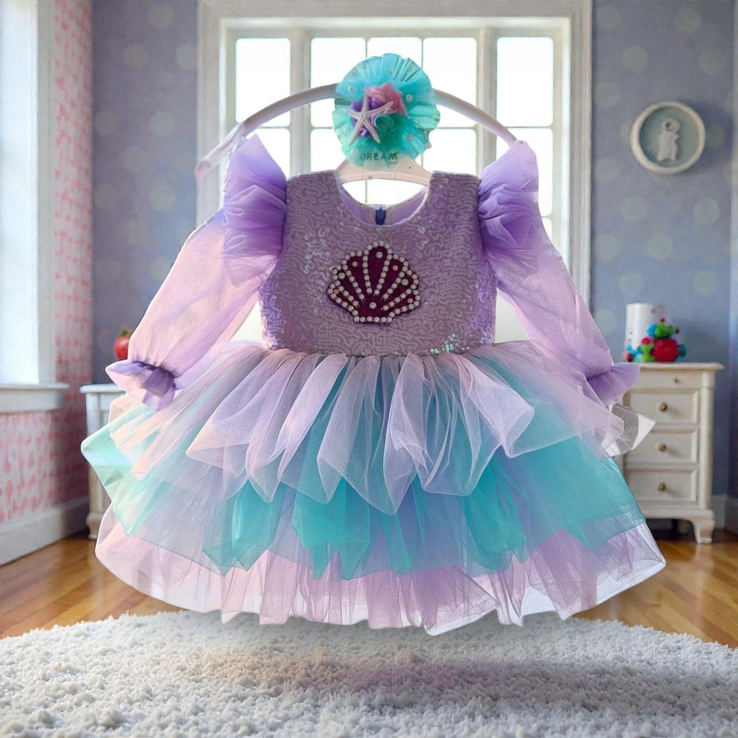 Purple Turquoise Mermaid Baby Dress – Handmade Tulle Birthday Outfit – Luxury Party Dress