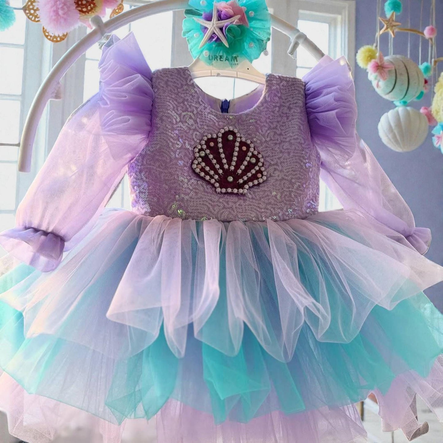 Purple Turquoise Mermaid Baby Dress – Handmade Tulle Birthday Outfit – Luxury Party Dress