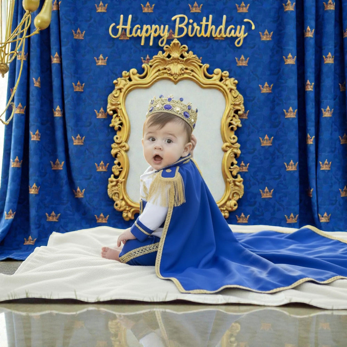 Baby Prince First Birthday Outfit | Royal Blue & Gold Cake Smash Costume – styled look