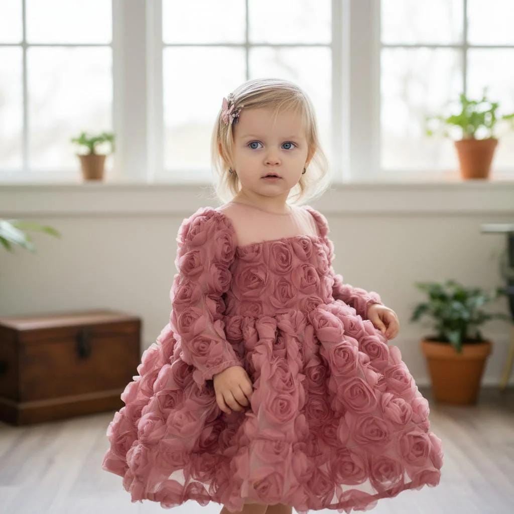 Dusty Rose 3D Floral Baby Dress – Luxury Handmade Birthday Outfit – Couture Toddler Gown