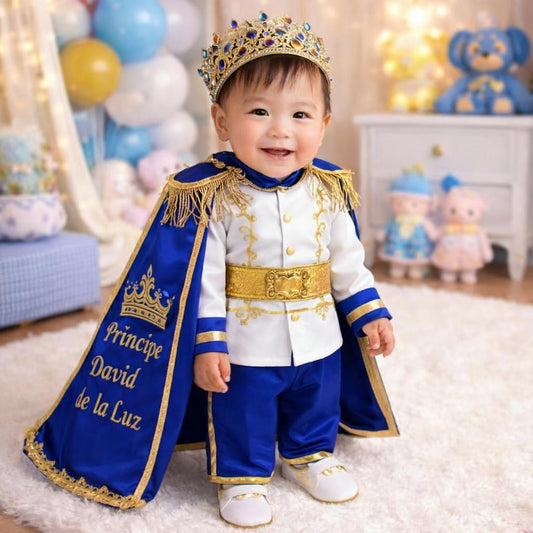 Luxury Baby Prince Costume – Personalized Royal Blue White Cake Smash Set