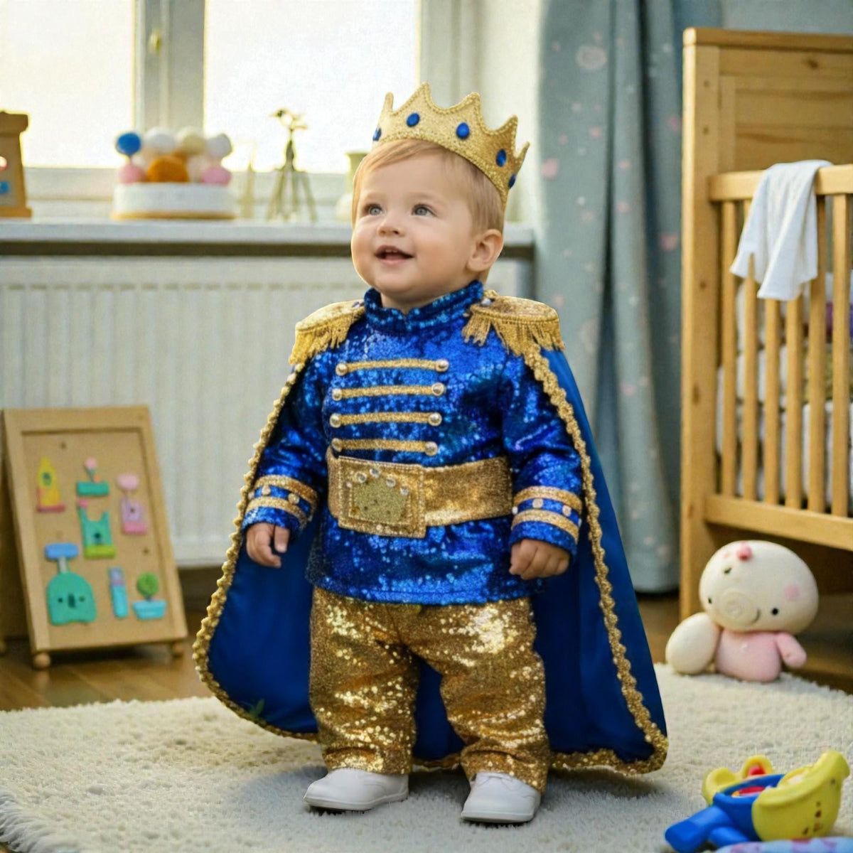 Royal Blue Gold Baby Boy First Birthday Prince Outfit – side view