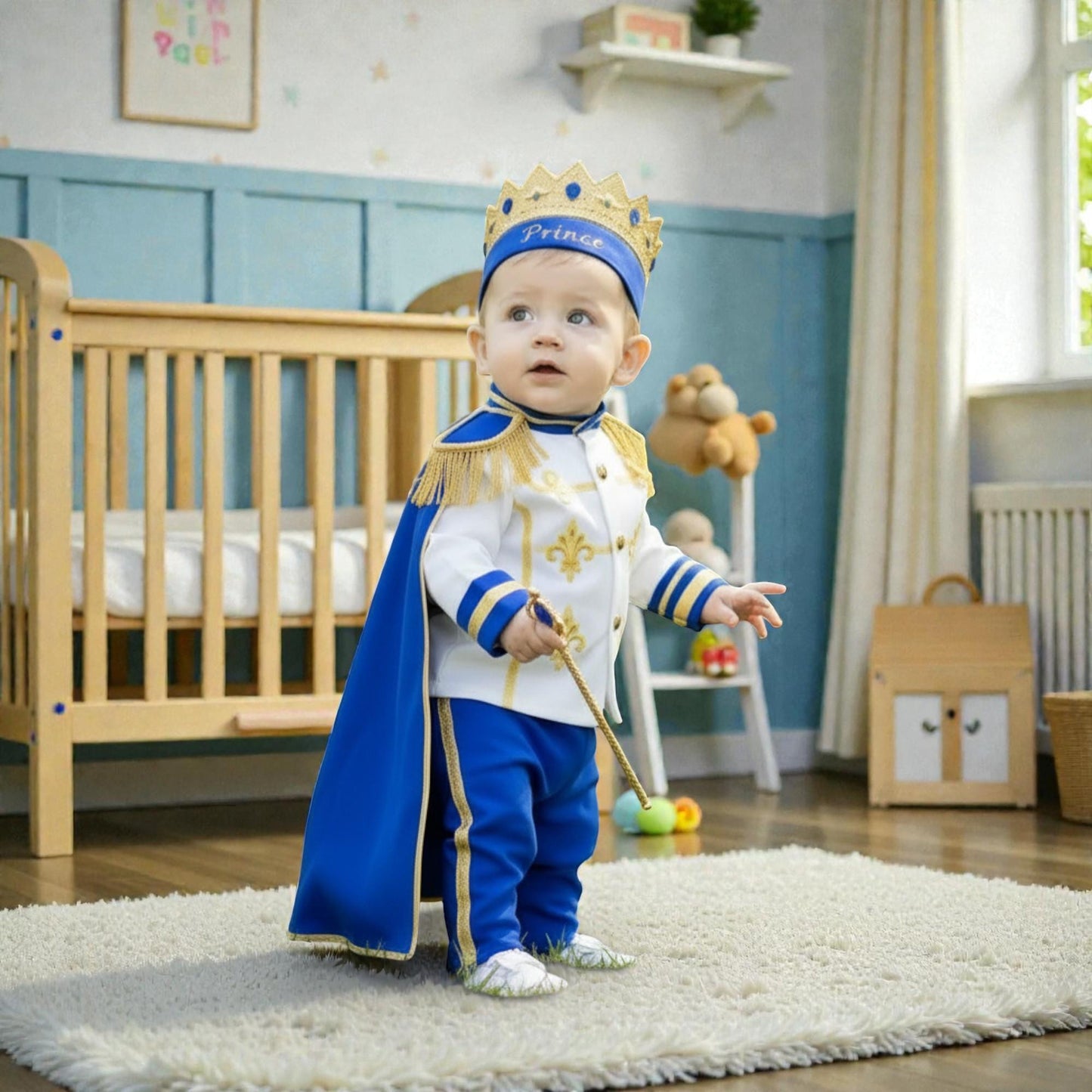 Custom Name Baby Prince Birthday Outfit – Royal Blue Gold Cake Smash Costume – LittleCrownAtelier