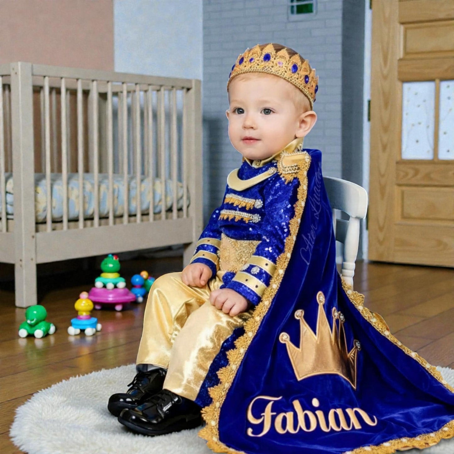 Bespoke Royal Prince Baby Outfit with Name Cape – Luxury Blue Gold First Birthday Costume – LittleCrownAtelier