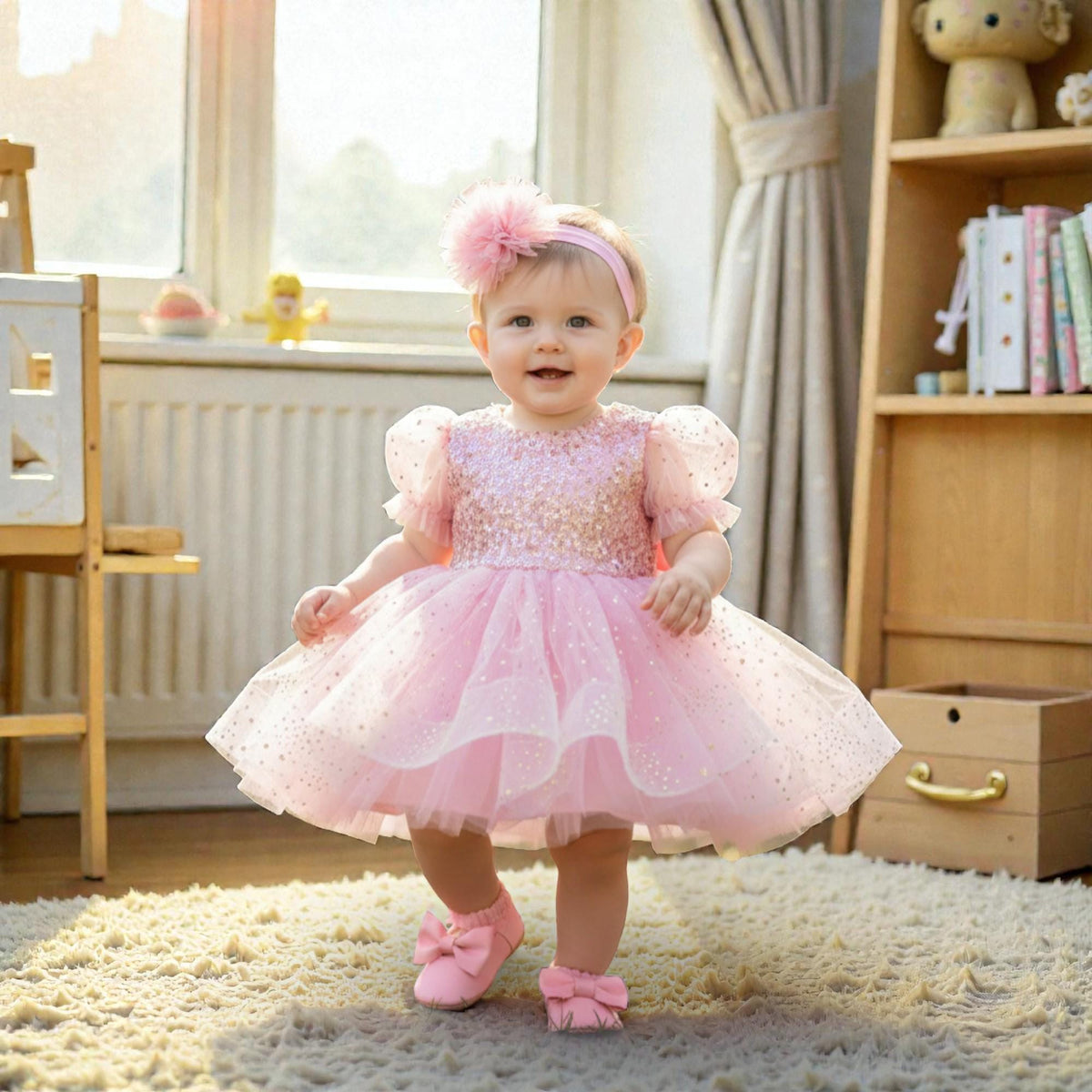 Pink Princess Baby Dress – Luxury Tulle Birthday Outfit – Handmade Toddler Party Dress – side view