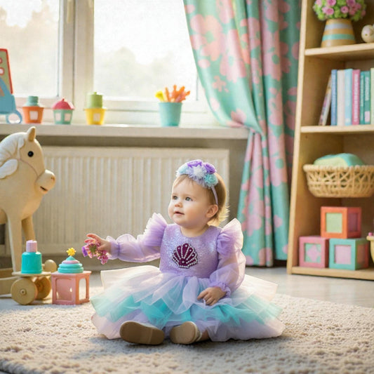 Purple Mermaid Toddler Dress – Handmade Tulle Birthday Outfit – Luxury Girl Party Dress