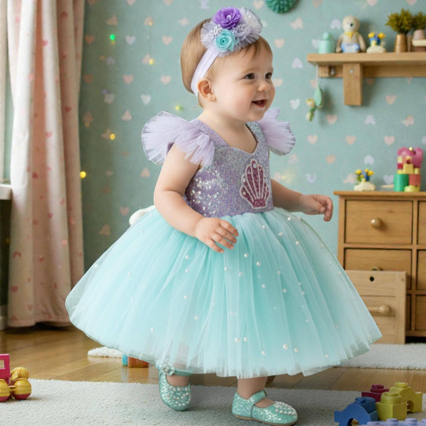 Mint Mermaid Baby Dress – Handmade Tulle Birthday Outfit – Elegant Toddler Party Dress – side view