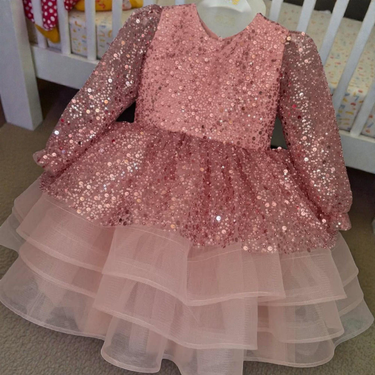 Rose Gold Sequin Baby Dress – Luxury Toddler Birthday Gown – Handmade Party Outfit – side view