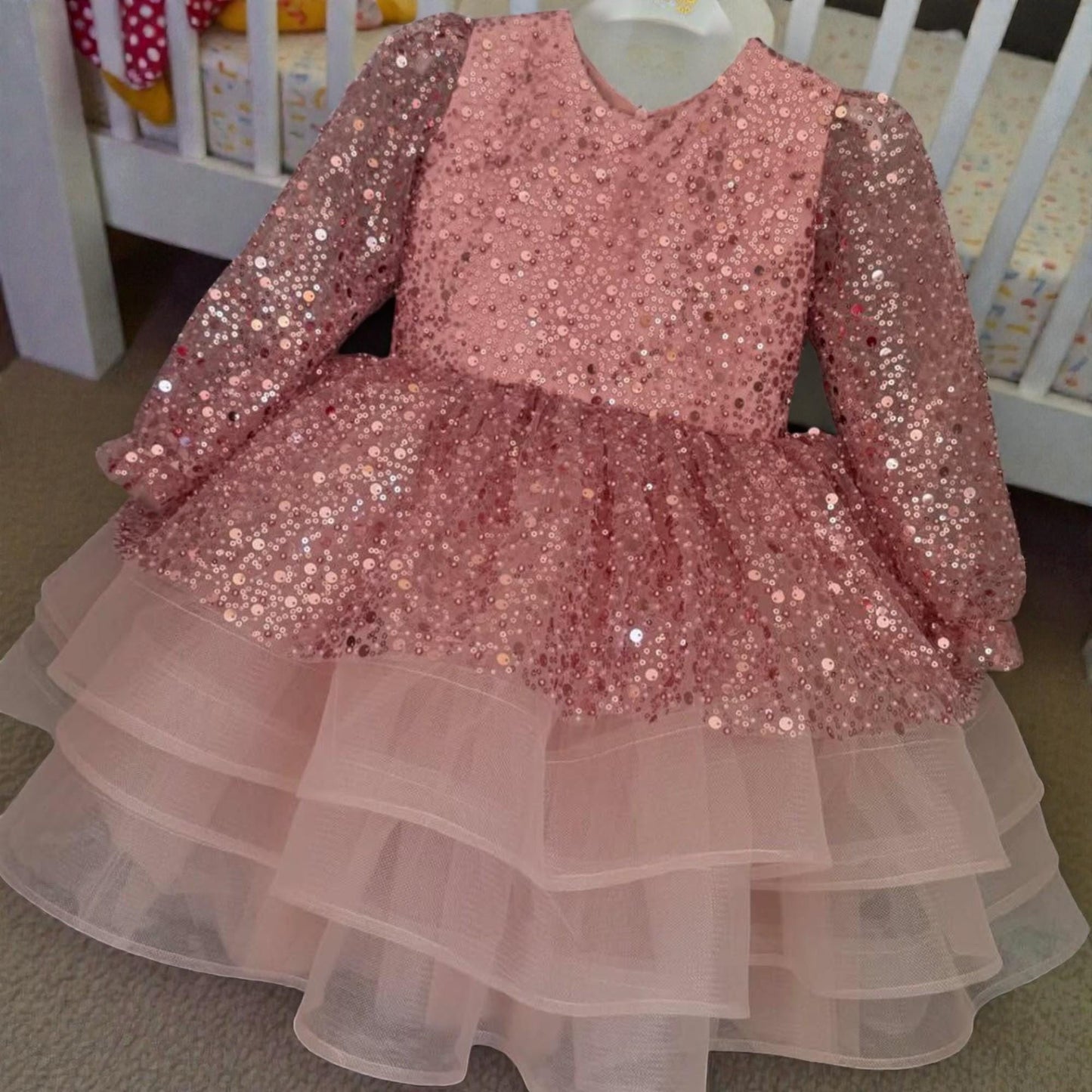 Rose Gold Sequin Baby Dress – Luxury Toddler Birthday Gown – Handmade Party Outfit