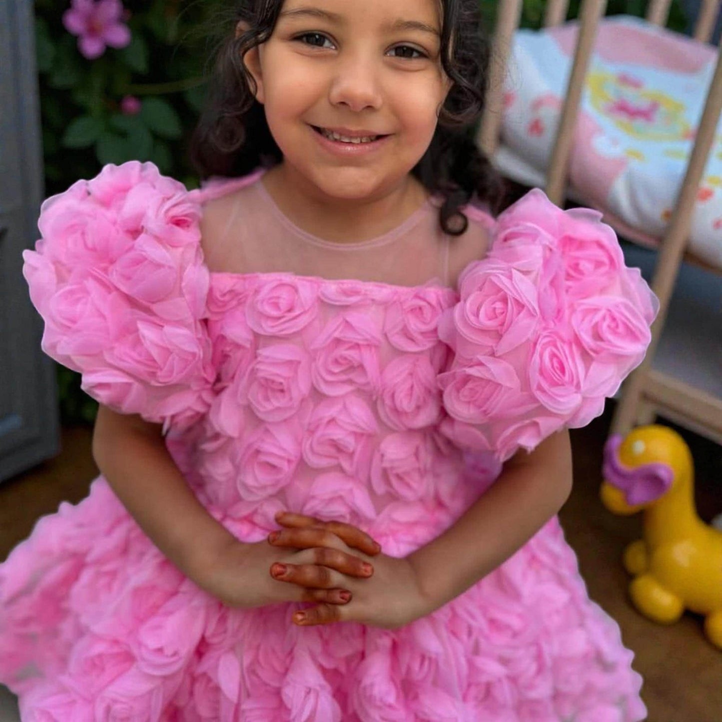 3D Floral Pink Baby Dress – Luxury Handmade Birthday Outfit – Couture Toddler Party Dress