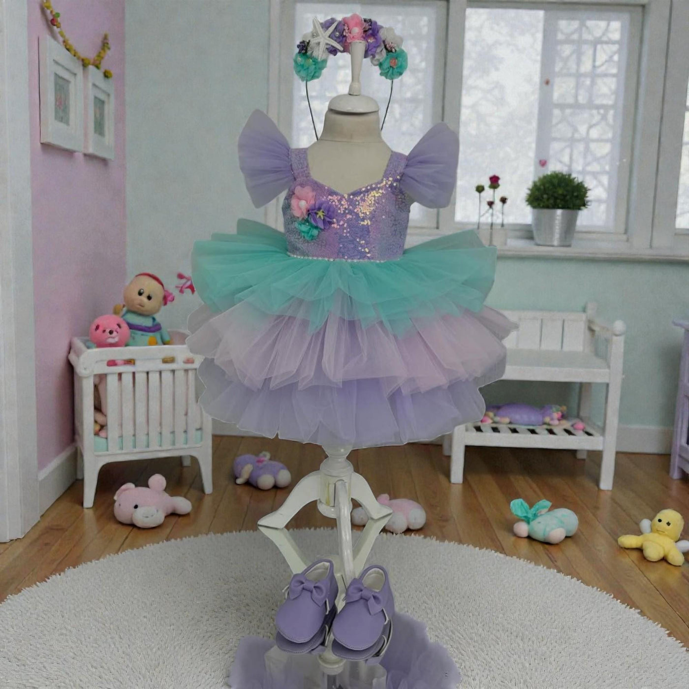 Pastel Mermaid Baby Dress – Purple Mint Tulle Birthday Outfit – Handmade Toddler Party Dress – detail shot
