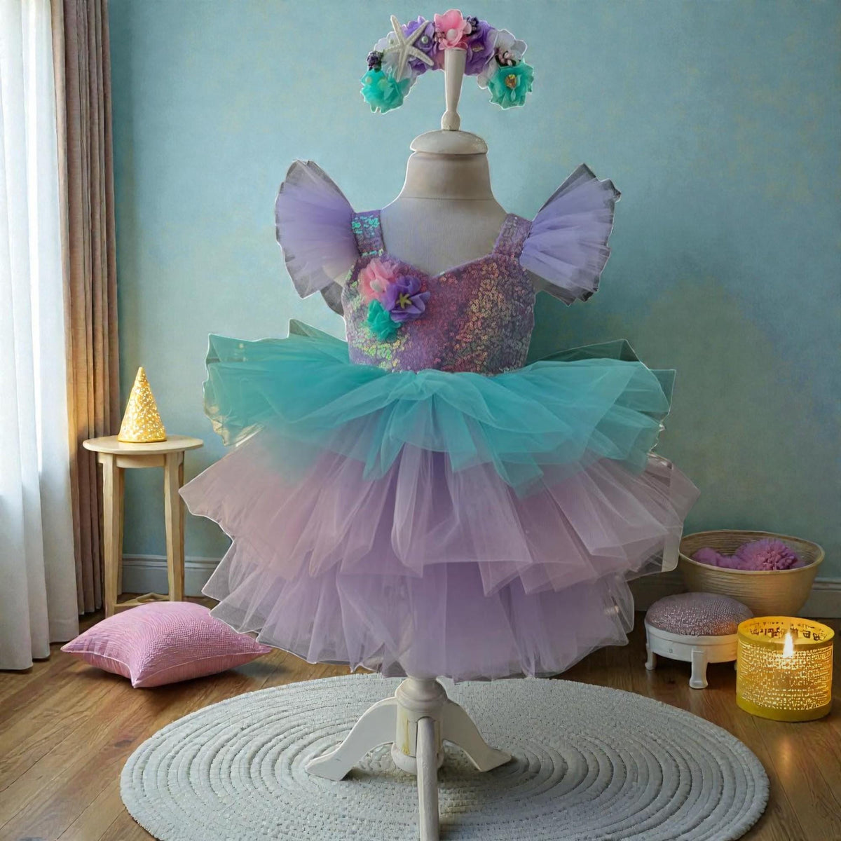 Pastel Mermaid Baby Dress – Purple Mint Tulle Birthday Outfit – Handmade Toddler Party Dress – close-up