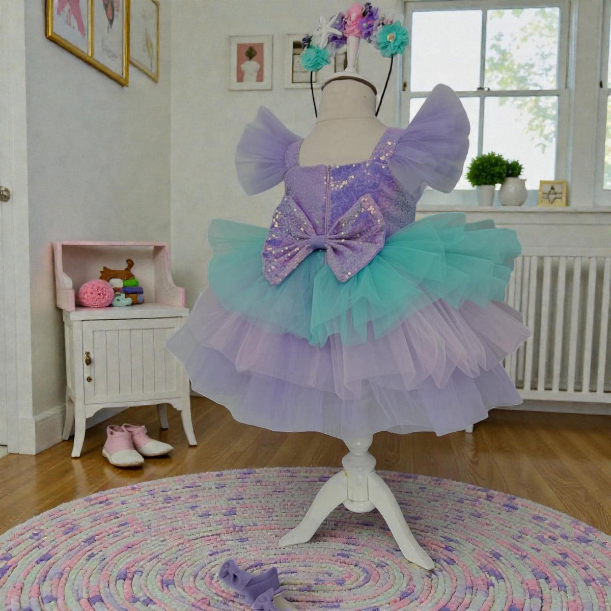 Pastel Mermaid Baby Dress – Purple Mint Tulle Birthday Outfit – Handmade Toddler Party Dress – styled look