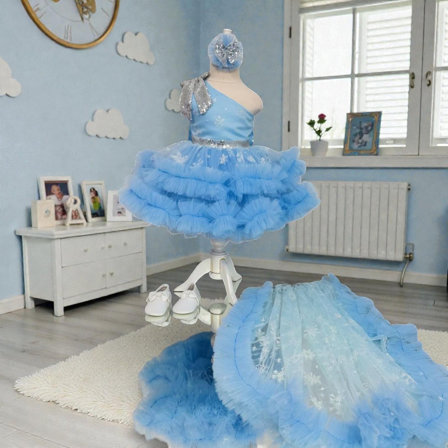 Blue Tulle Baby Dress with Bow – Handmade Luxury Birthday Outfit – Toddler Princess Gown