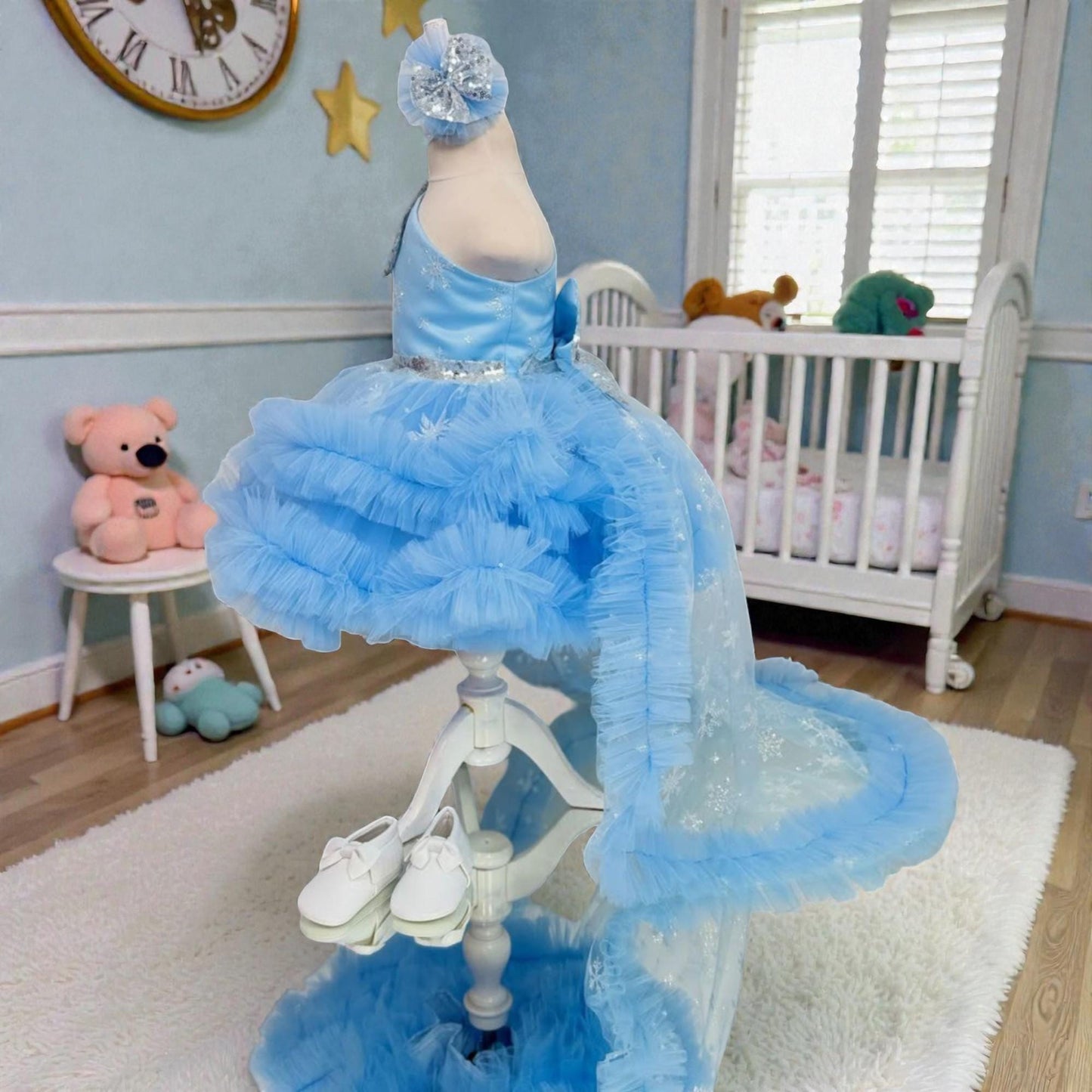 Blue Tulle Baby Dress with Bow – Handmade Luxury Birthday Outfit – Toddler Princess Gown