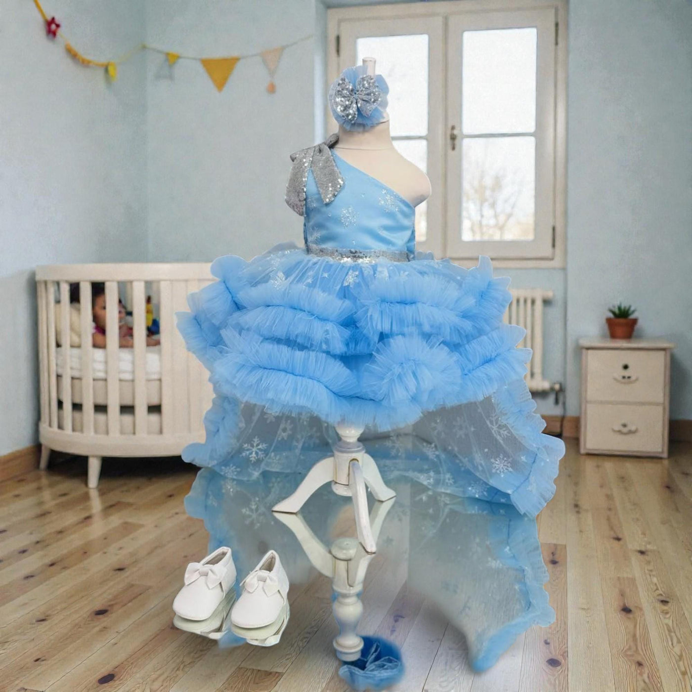 Blue Tulle Baby Dress with Bow – Handmade Luxury Birthday Outfit – Toddler Princess Gown – side view