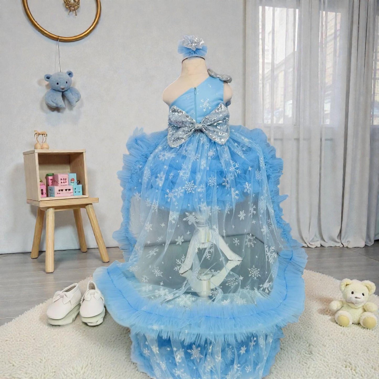 Blue Tulle Baby Dress with Bow – Handmade Luxury Birthday Outfit – Toddler Princess Gown