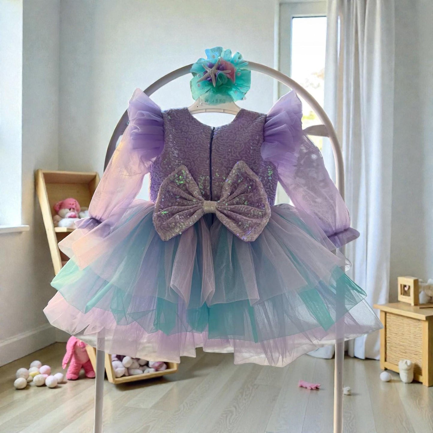 Purple Turquoise Mermaid Baby Dress – Handmade Tulle Birthday Outfit – Luxury Party Dress