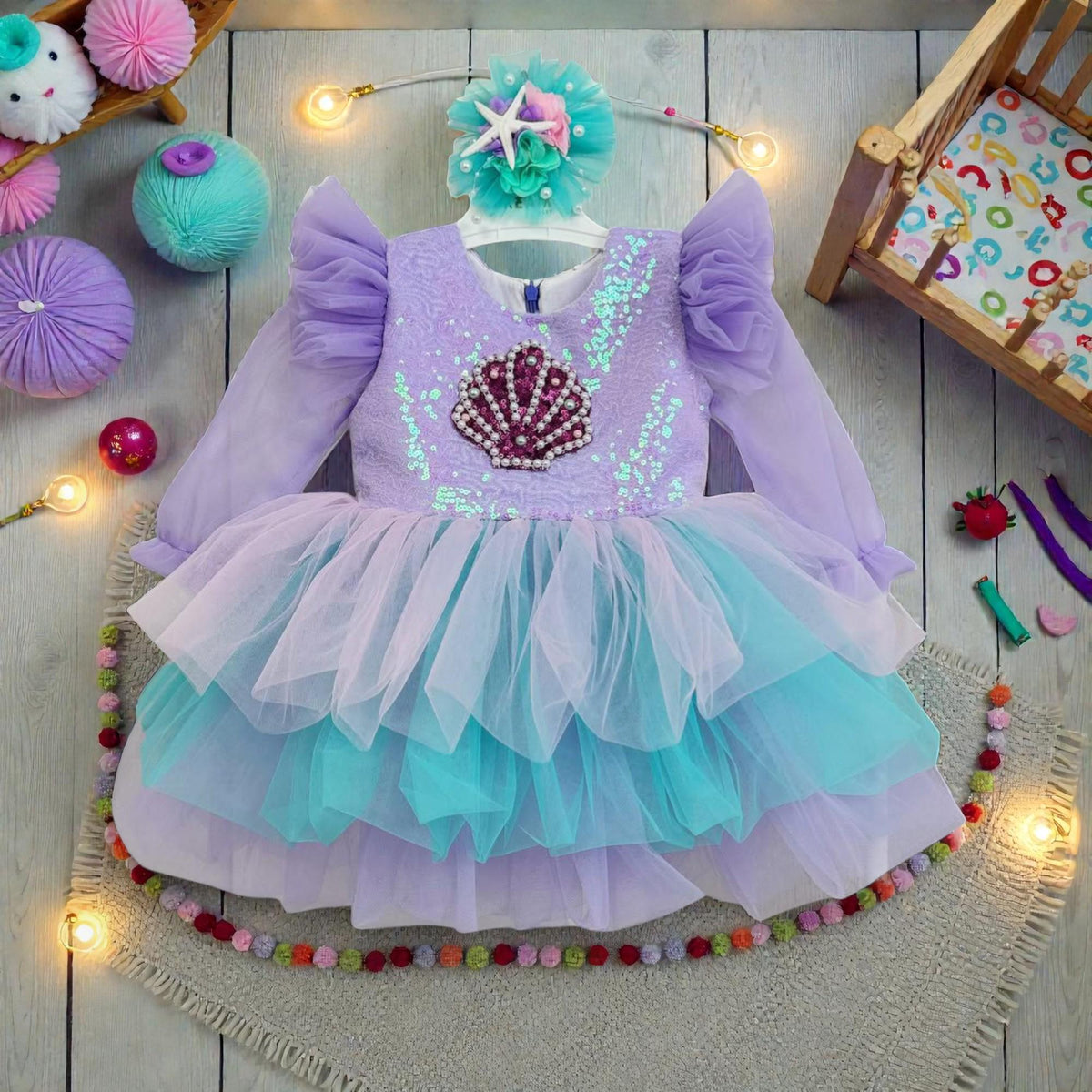 Purple Turquoise Mermaid Baby Dress – Handmade Tulle Birthday Outfit – Luxury Party Dress – close-up