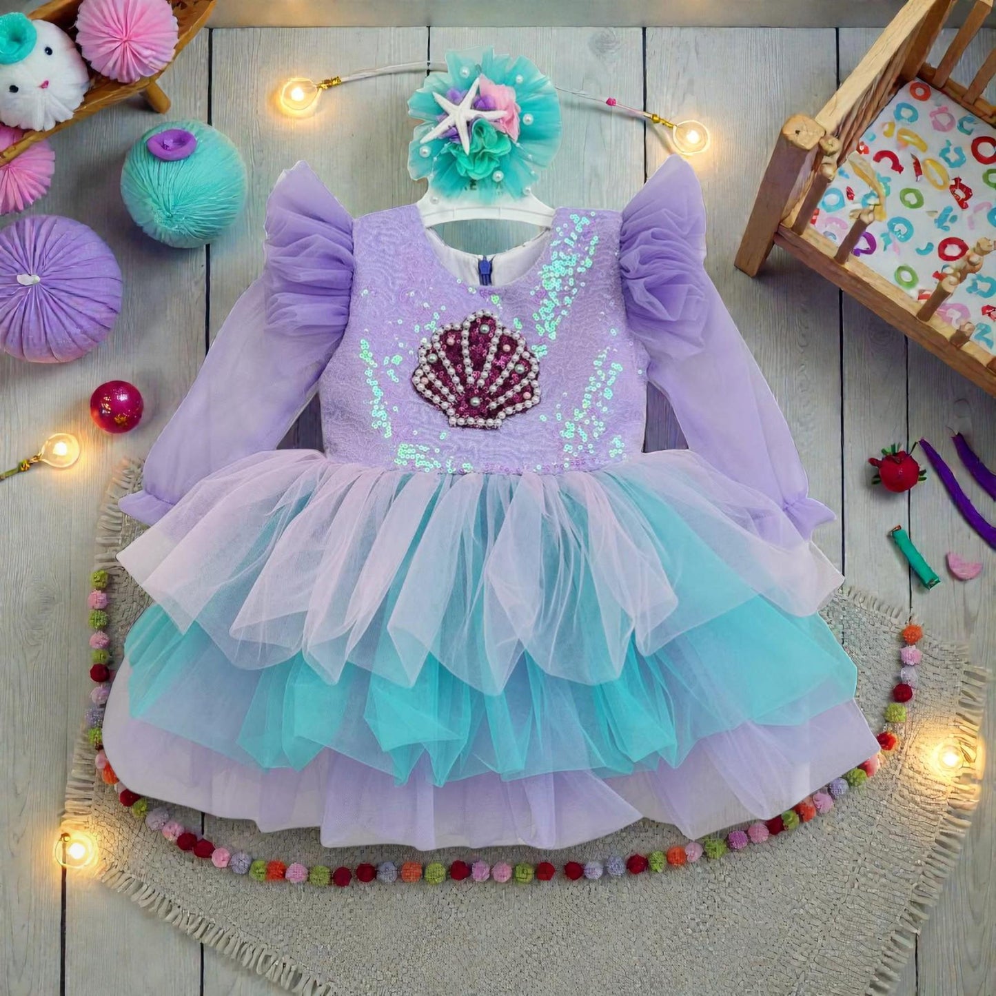 Purple Turquoise Mermaid Baby Dress – Handmade Tulle Birthday Outfit – Luxury Party Dress