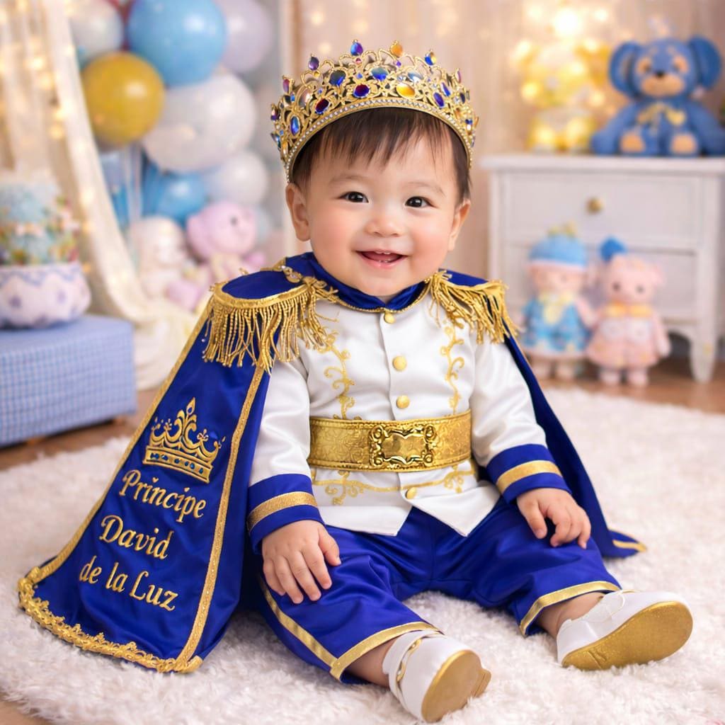 Luxury Baby Prince Costume – Personalized Royal Blue White Cake Smash Set