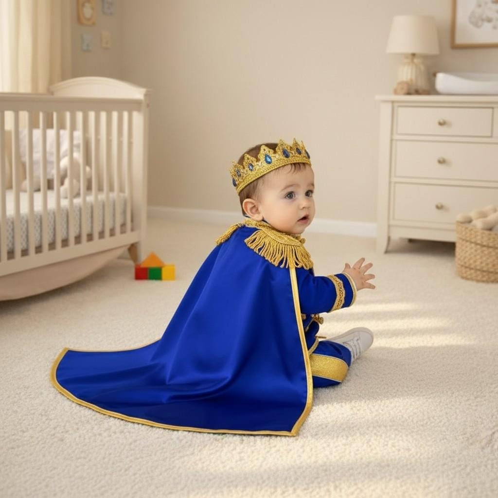 Royal Blue Baby Prince Costume, Gold Crown Outfit, First Birthday – styled look