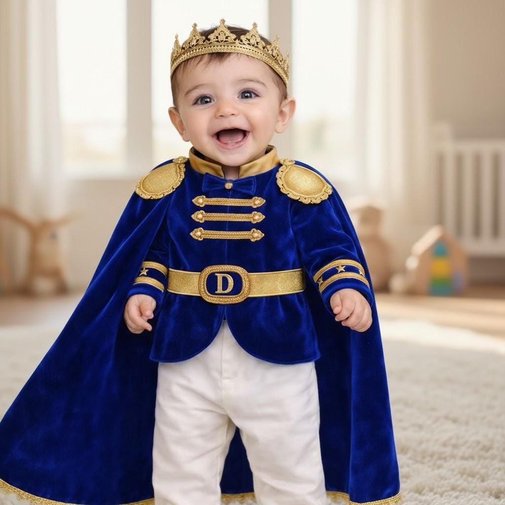 Royal Blue Velvet Prince Outfit, 1st Birthday Boy Costume, Crown Cape Set – styled look