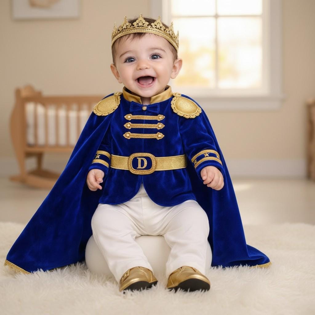 Royal Blue Velvet Prince Outfit, 1st Birthday Boy Costume, Crown Cape Set – side view