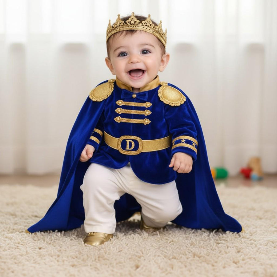 Royal Blue Velvet Prince Outfit, 1st Birthday Boy Costume, Crown Cape Set