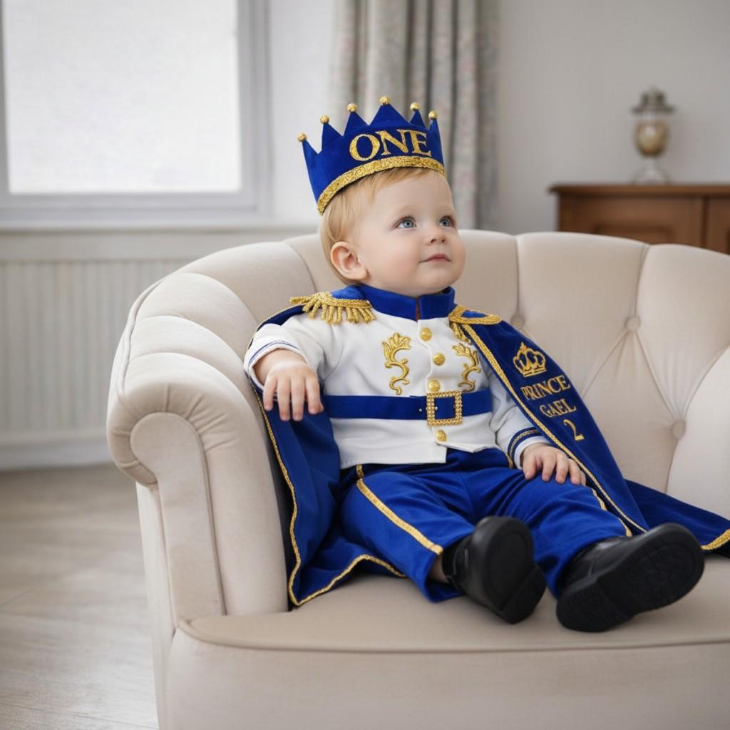 Royal Prince First Birthday Outfit, Blue Gold Costume, Personalized Cape Set – close-up