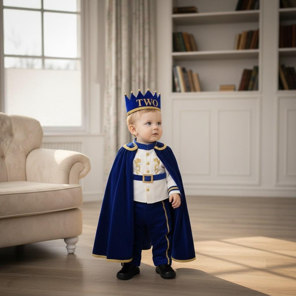 Royal Prince First Birthday Outfit, Blue Gold Costume, Personalized Cape Set – styled look