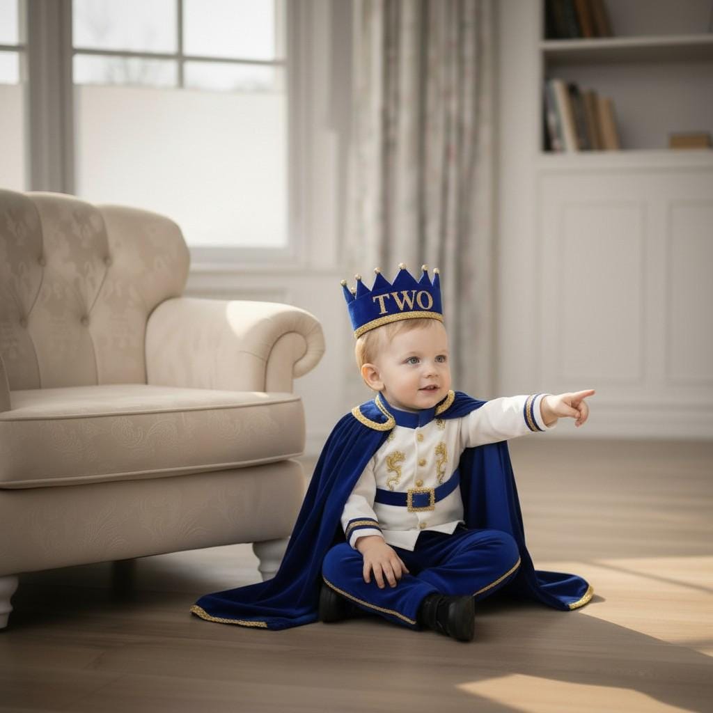 Royal Prince First Birthday Outfit, Blue Gold Costume, Personalized Cape Set – side view