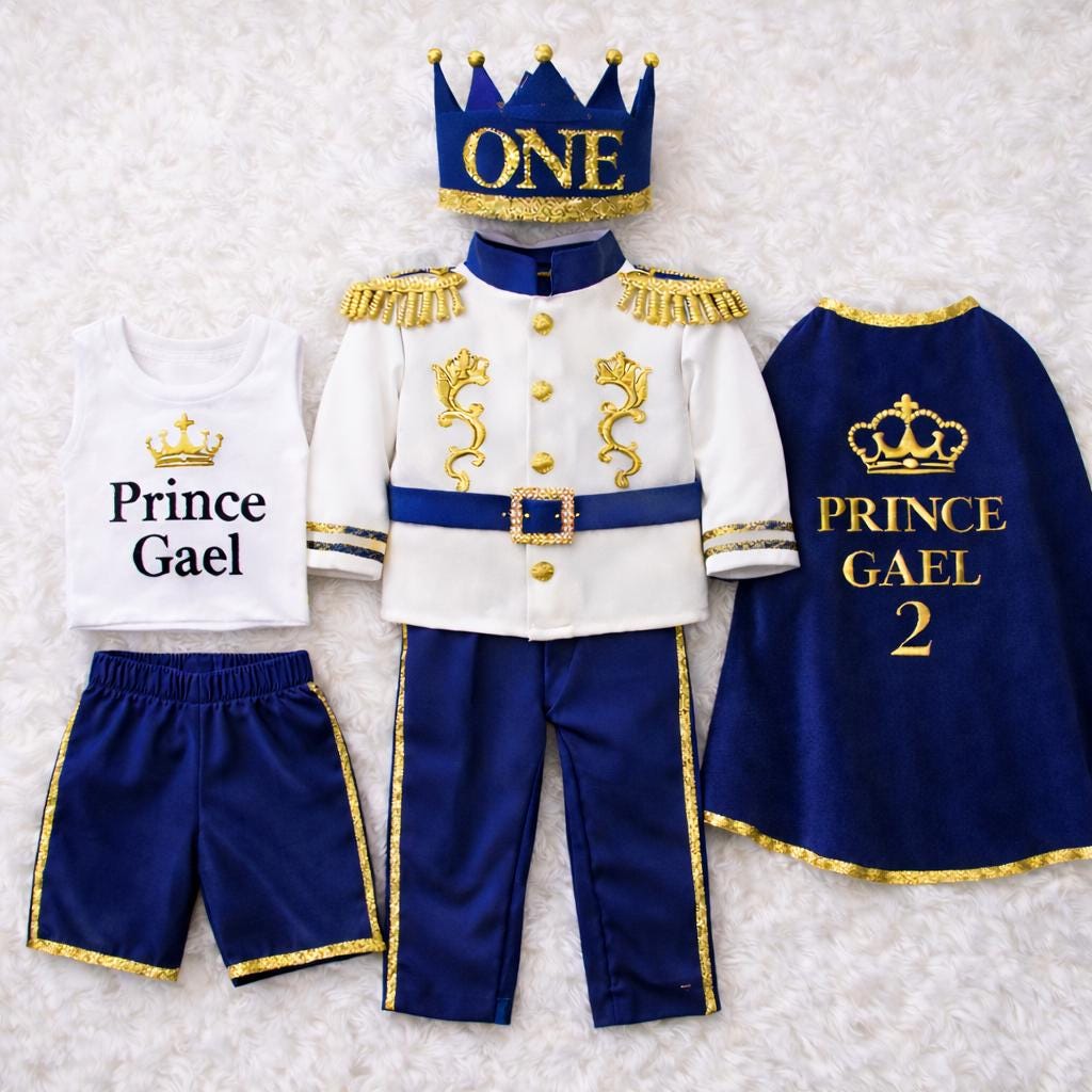 Royal Prince First Birthday Outfit, Blue Gold Costume, Personalized Cape Set – detail shot