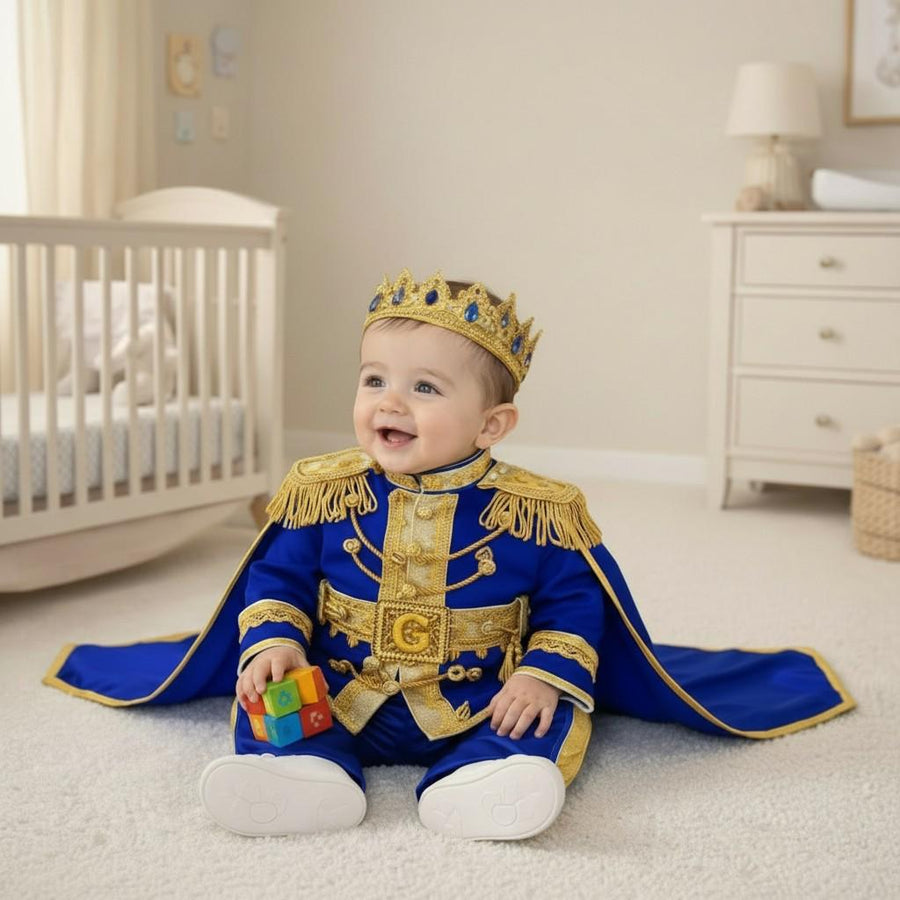 Royal Blue Baby Prince Costume, Gold Crown Outfit, First Birthday