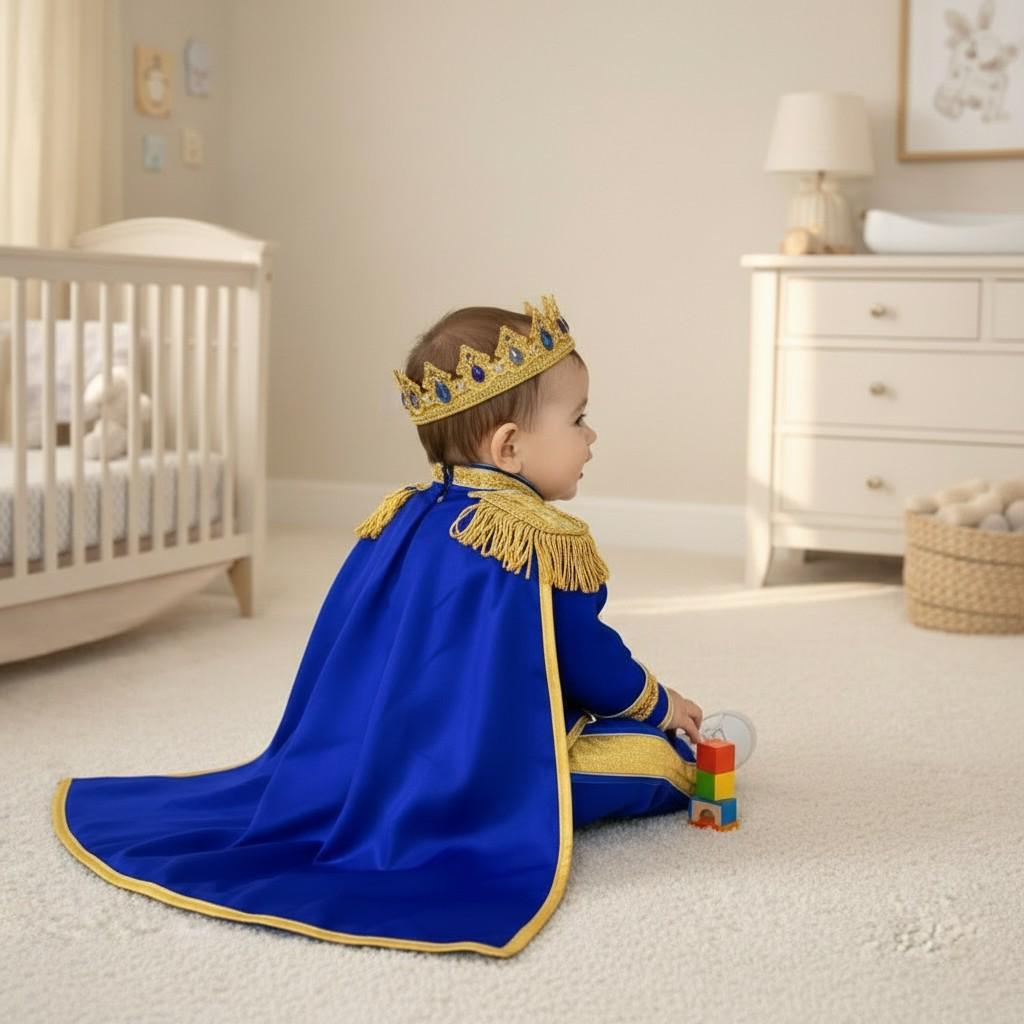 Royal Blue Baby Prince Costume, Gold Crown Outfit, First Birthday – close-up