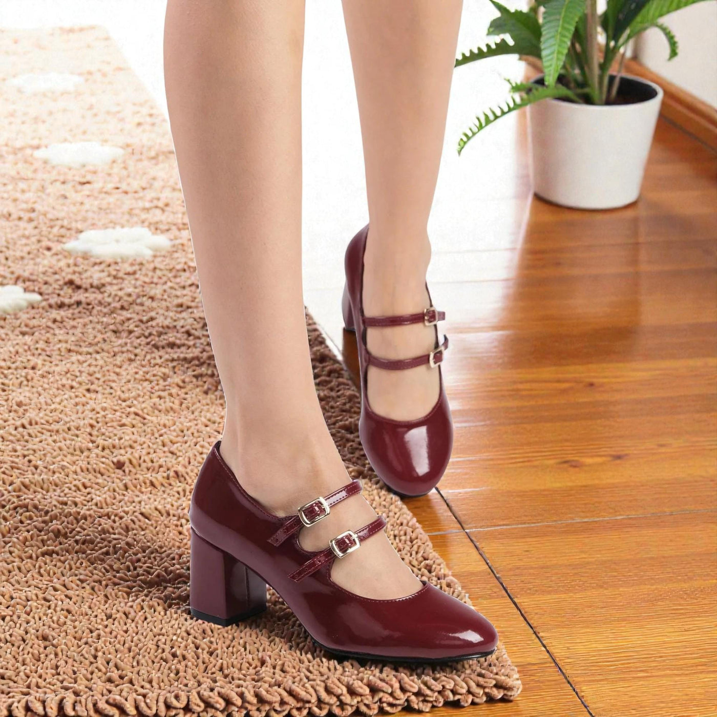 Women Burgundy Mary Jane Heels – Double Strap Block Heel Shoes Elegant Comfortable Pumps – detail shot