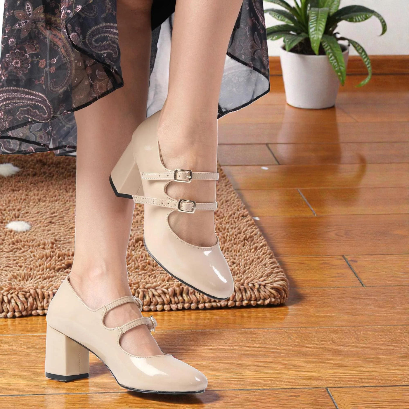 Women Burgundy Mary Jane Heels – Double Strap Block Heel Shoes Elegant Comfortable Pumps – styled look