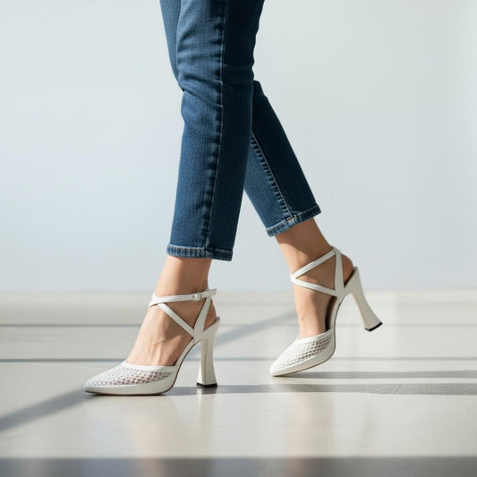 White Mesh Heels Women Ankle Strap High Heel Pumps Elegant Breathable Summer Shoes Dress Heels