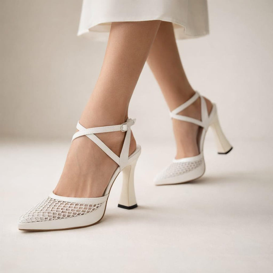 White Mesh Heels Women Ankle Strap High Heel Pumps Elegant Breathable Summer Shoes Dress Heels