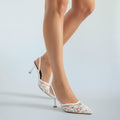 White Lace Slingback Kitten Heels Women Elegant Bridal Shoes Low Heel Wedding Pumps Comfortable Dress Heels