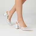 White Lace Slingback Heels Women Block Heel Elegant Bridal Shoes Comfortable Wedding Pumps