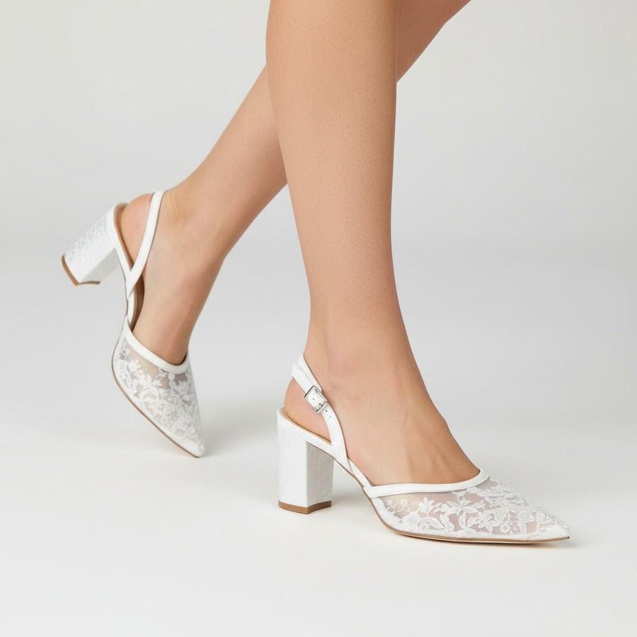 White Lace Slingback Heels Women Block Heel Elegant Bridal Shoes Comfortable Wedding Pumps