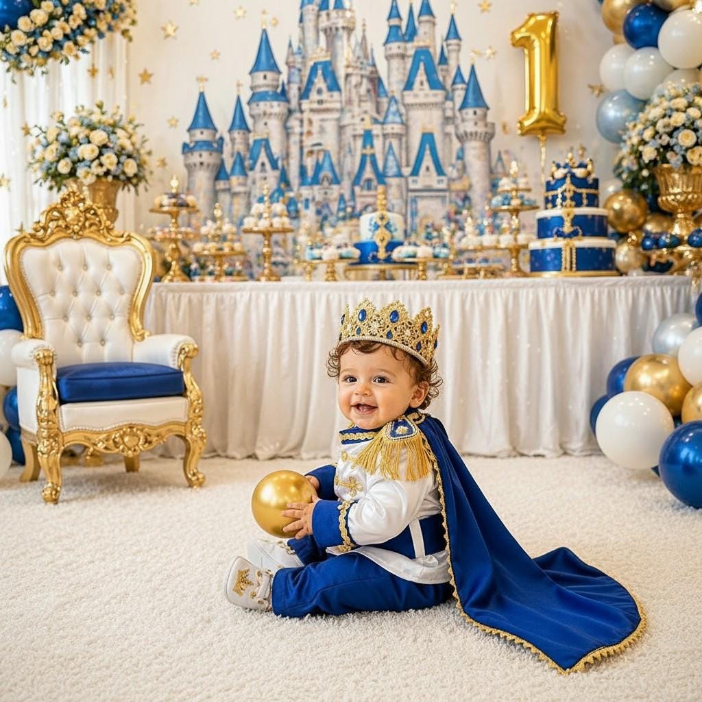 Royal Prince Baby Boy Birthday Outfit, Blue Gold First Birthday Costume, Personalized Crown Cape – detail shot