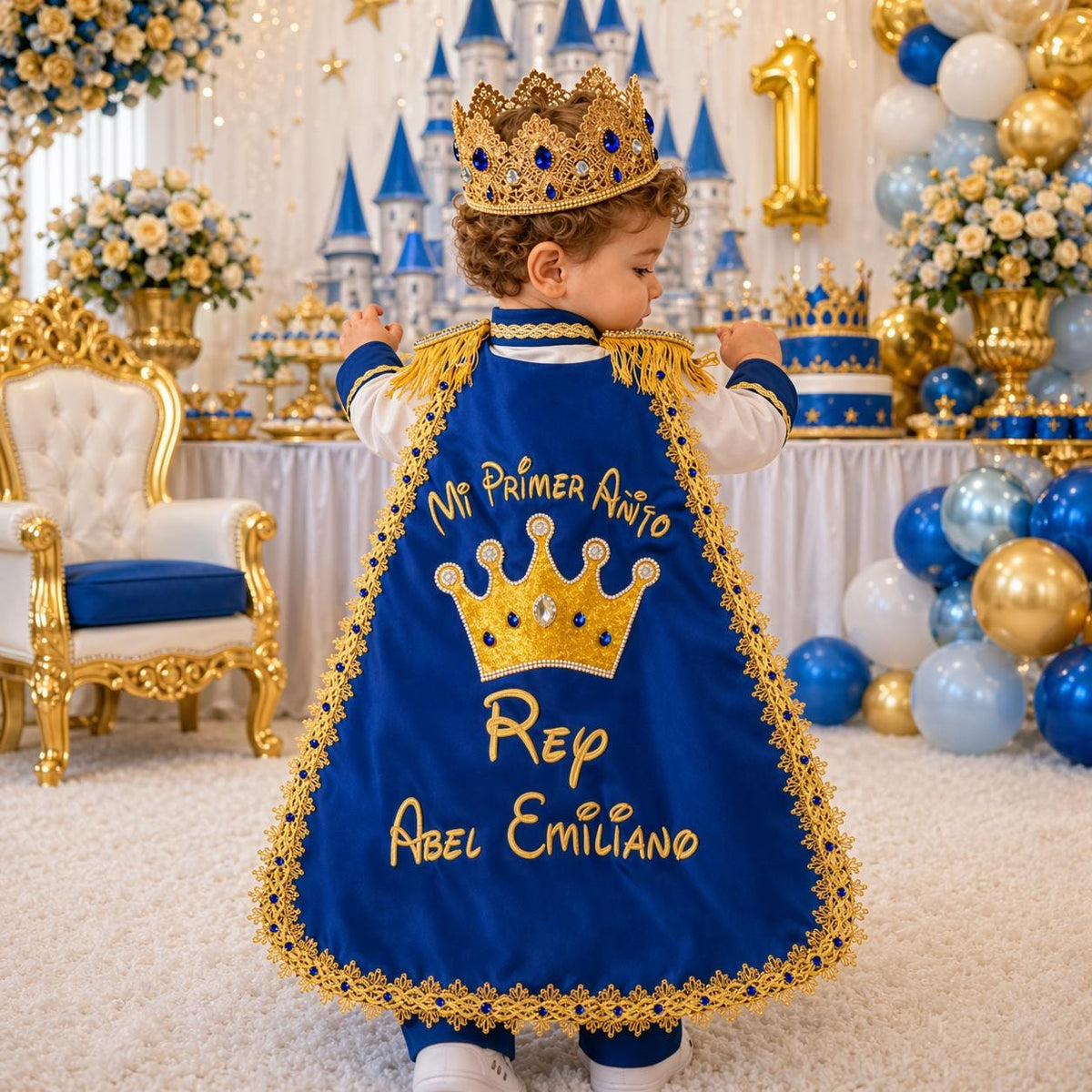 Royal Prince Baby Boy Birthday Outfit, Blue Gold First Birthday Costume, Personalized Crown Cape – side view